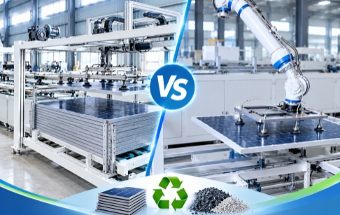 Fully Automatic Solar Panel Recycling: Intelligent Robotic Feeding vs. Frame-Type Automatic Feeding